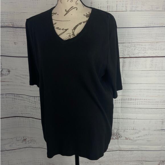 Chicos 2 Tee Shirt Womens L Black Short Elbow Sleeves V Neck Cotton - Picture 1 of 9